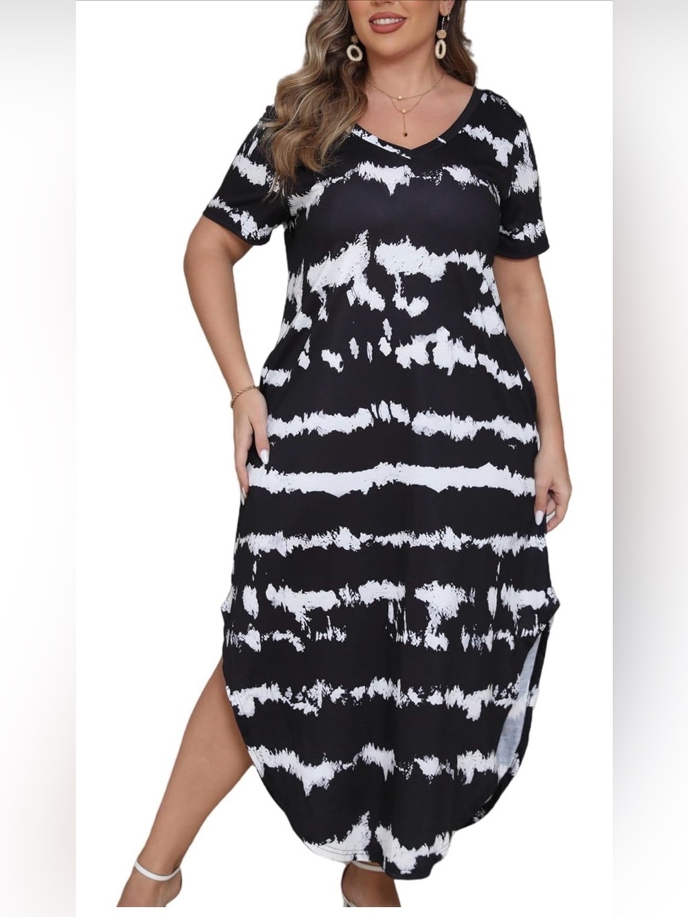 Black & White Tie-Dye V-Neck Maxi Dress